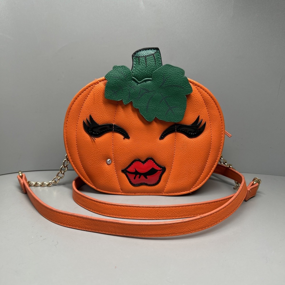 Betsey Johnson Halloween Pumpkin Patch Fall Crossbody Bag Gold Chain Strap Zip